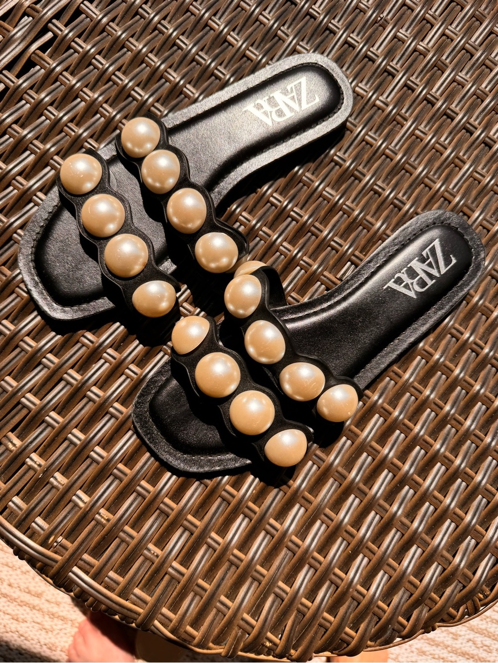 Zara Black Slide Sandals with Cream Pearl Embellishments